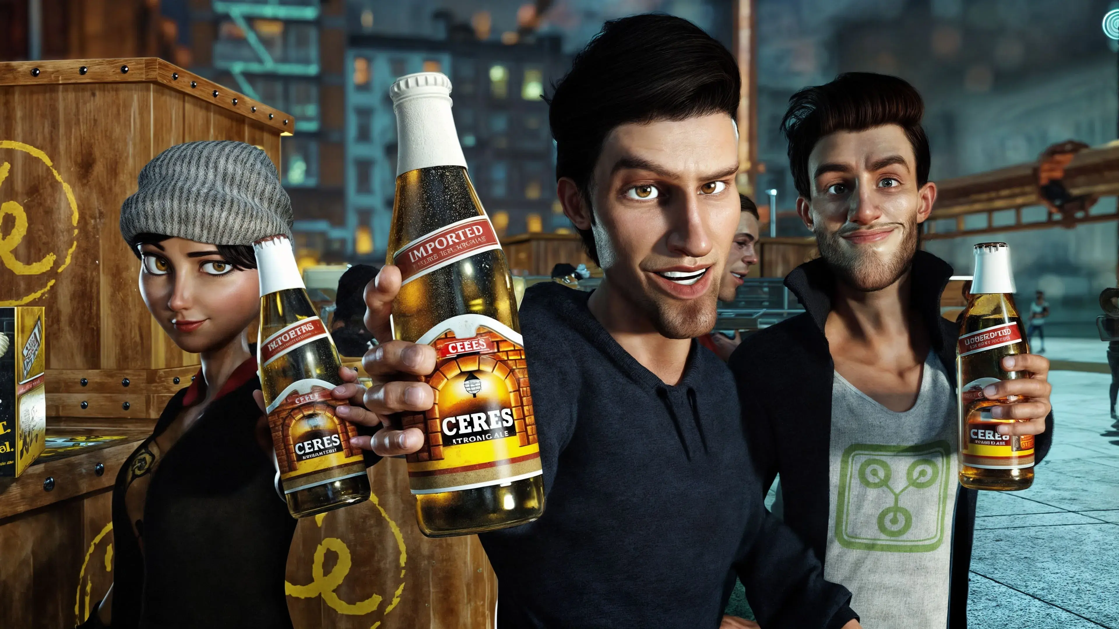 3D animated characters holding Ceres beer bottles in a vibrant urban setting, created by 23lunes animation studio.