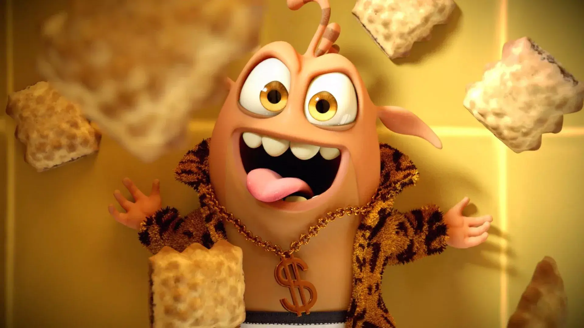 3D animated character Fleky, the mascot of Chocoflakes, wearing a gold chain with a dollar sign and a leopard-print jacket, created by 23lunes animation studio.
