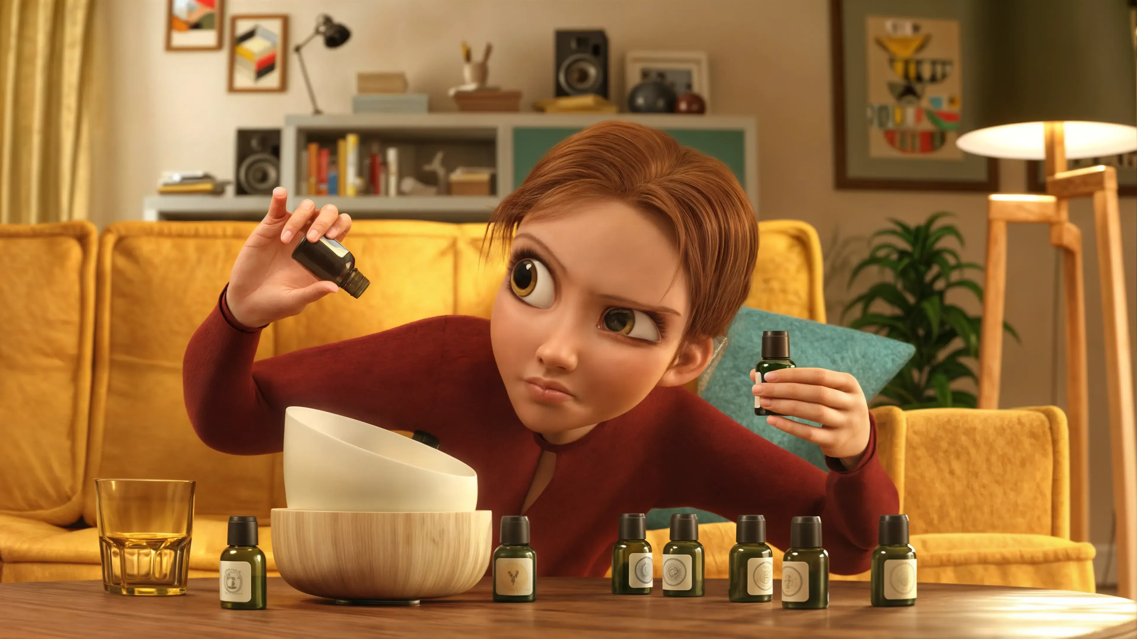 Animated character intensely focused while pouring essential oils into a diffuser, surrounded by small green bottles on a cozy living room table.