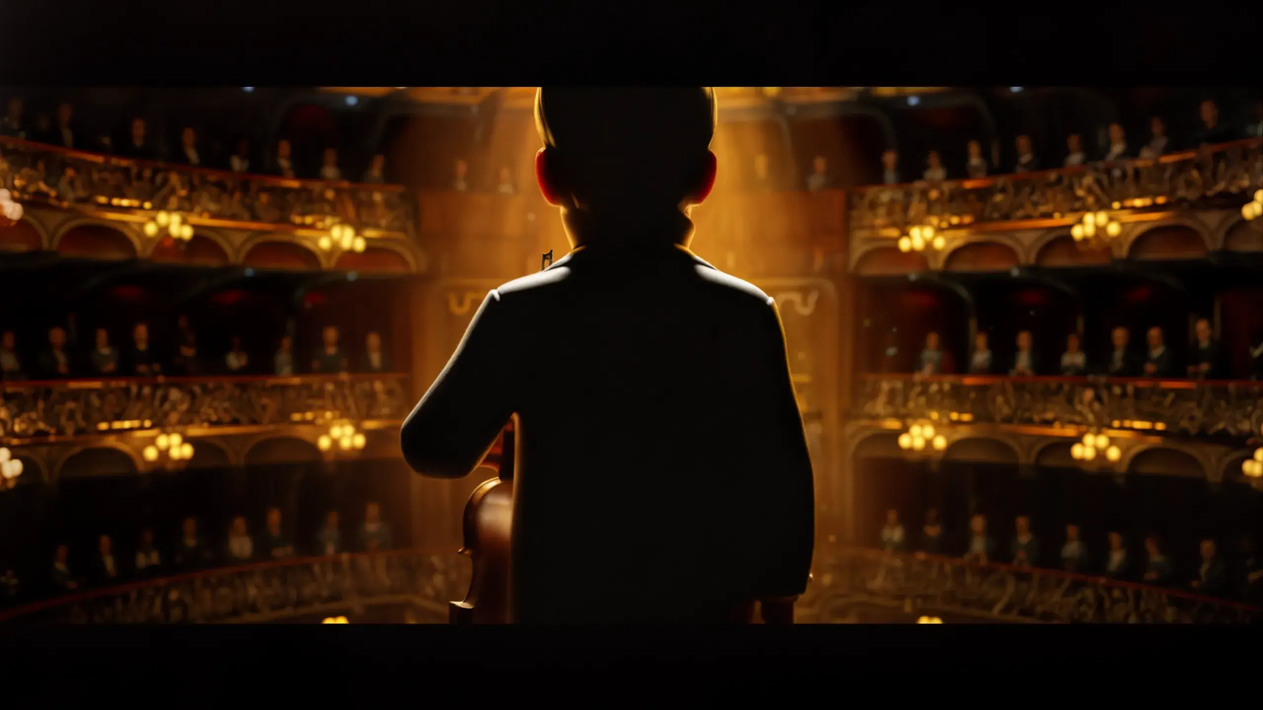 3D animated scene from Hermann short film, featuring a boy with a violin on stage in front of an audience, created by 23lunes animation studio.